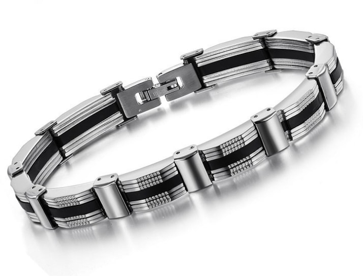 Stainless steel link bracelet with black strip