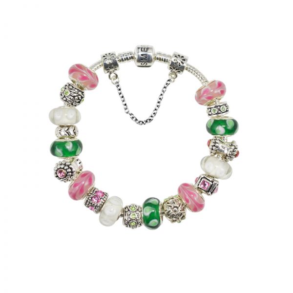 SME European Silver Plated Charm Bracelet with Pink, Green and White Murano Glass Beads