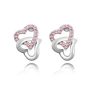 Pink Austrian Crystals set in 18k White Gold Double Heart Earrings