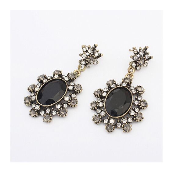 Black Gemstone Crystal European Vintage Style Pierced Earrings