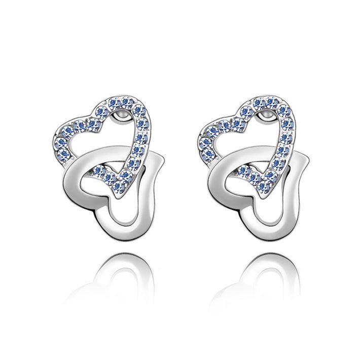 Blue Austrian Crystals set in 18k White Gold Double Heart Earrings